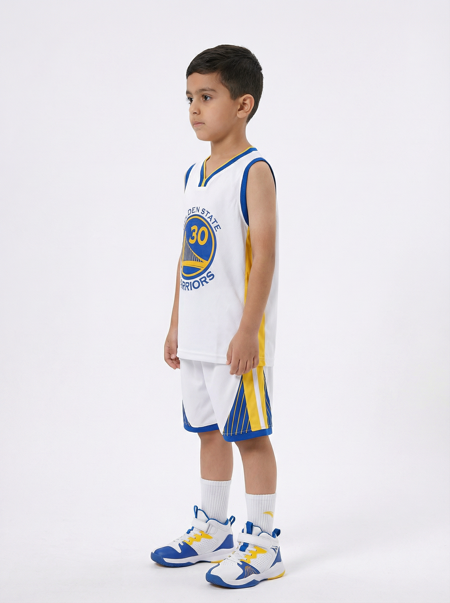 Stephen Curry Golden State Warriors home kids set with socks number 30 side view breathable basketball outfit
