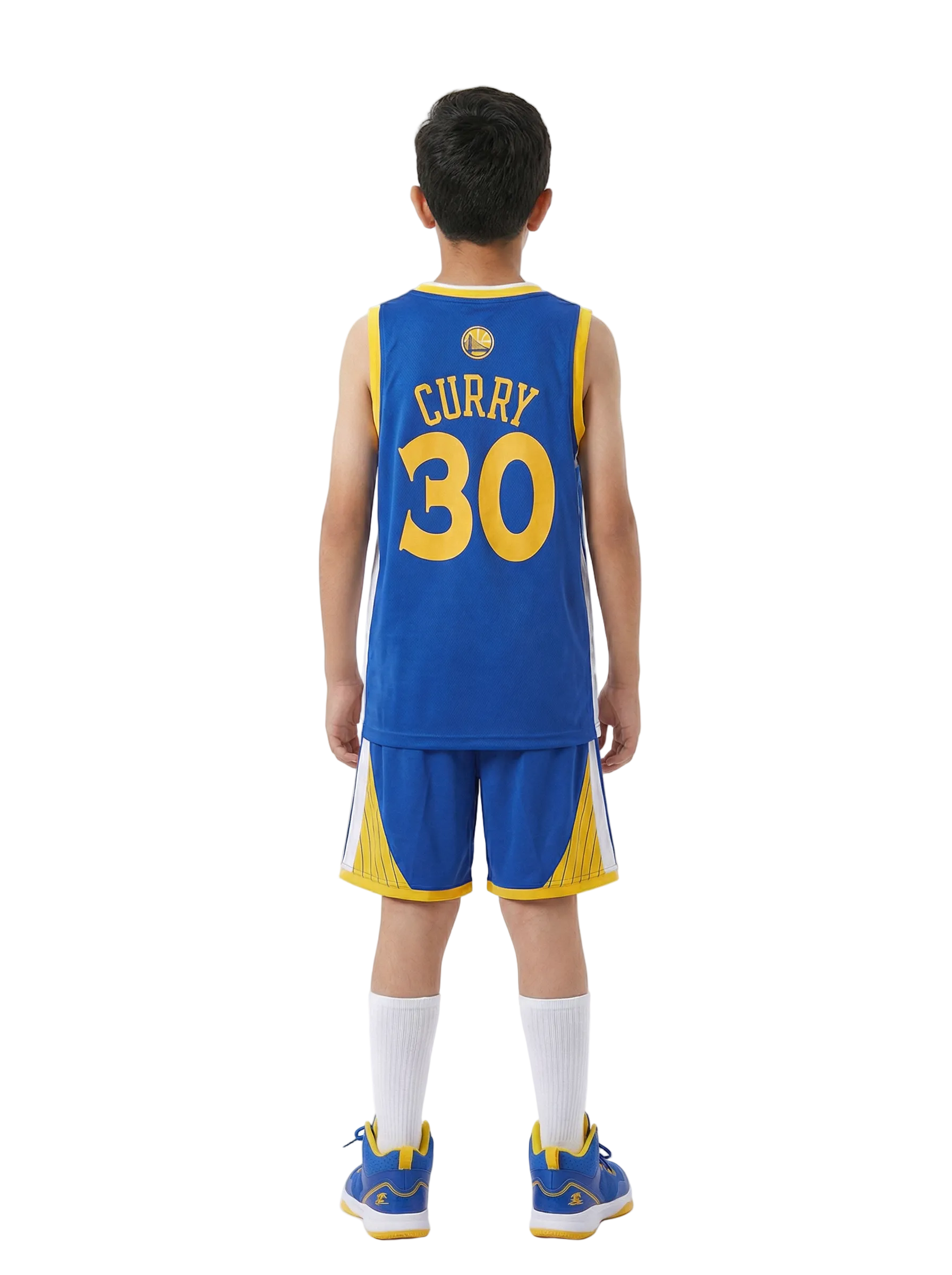 Steph Curry Golden State Warriors blue kids set with socks number 30 front view for kids