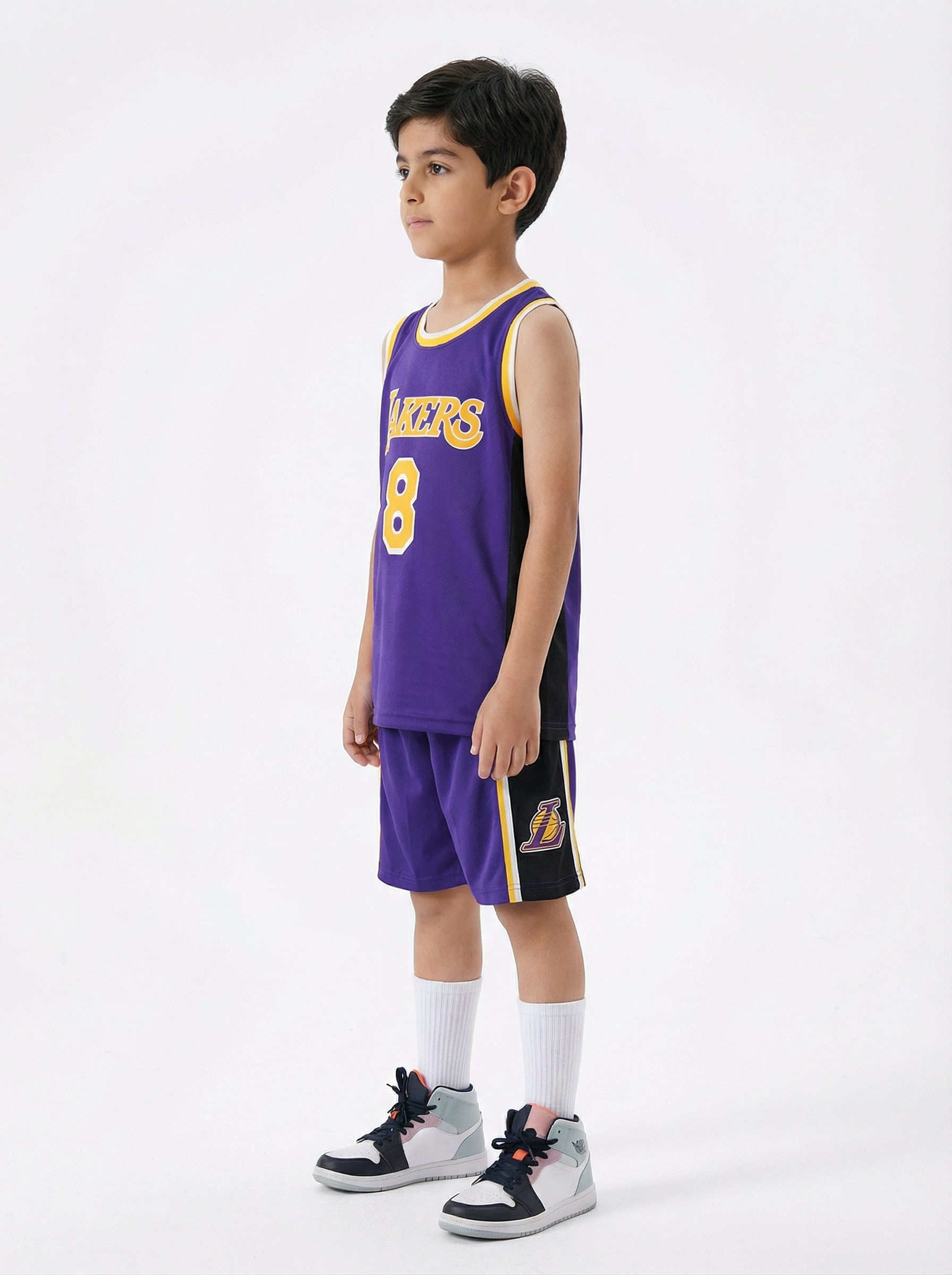 Kobe Bryant Los Angeles Lakers kids set with socks number 8 side view breathable basketball outfit