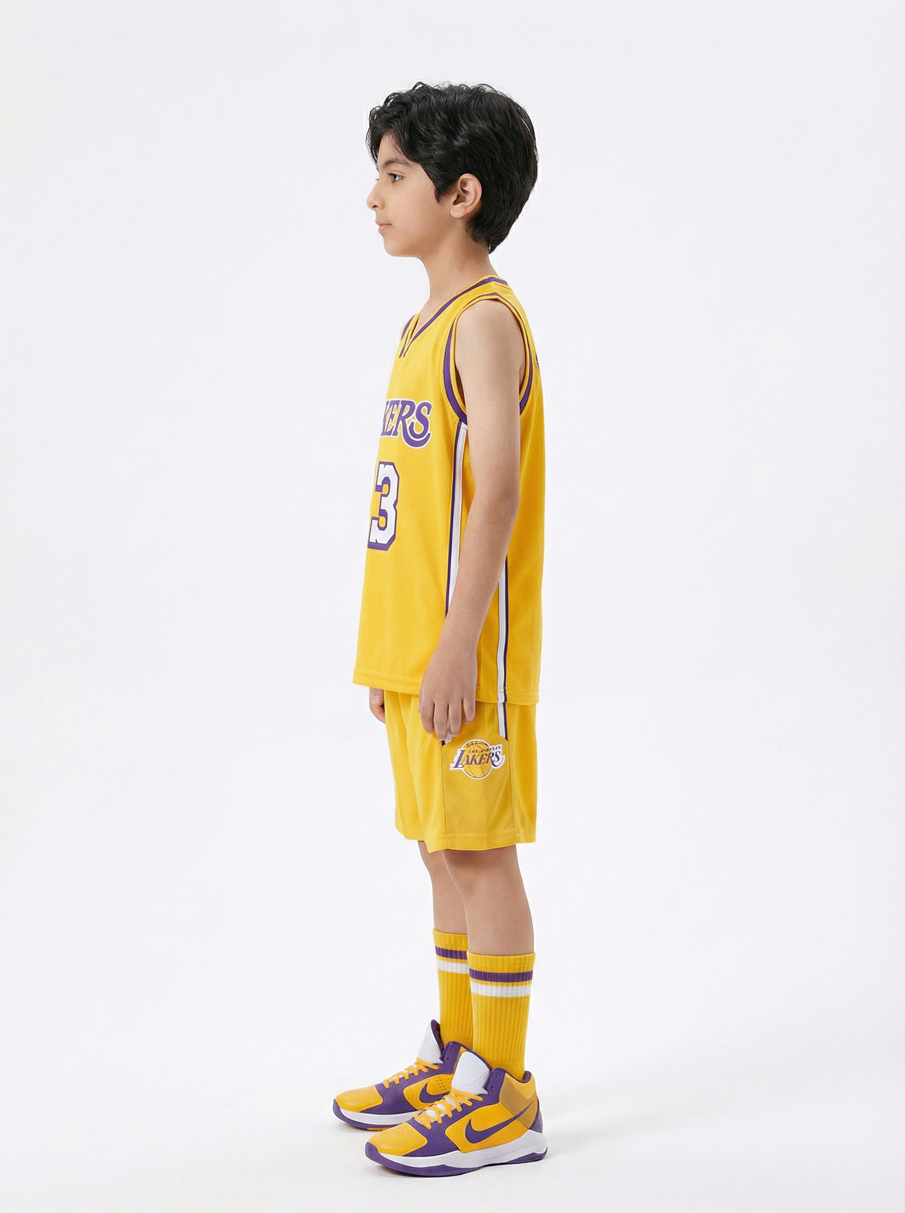 LeBron James Los Angeles Lakers 23/24 kids set with socks number 23 side view breathable basketball outfit
