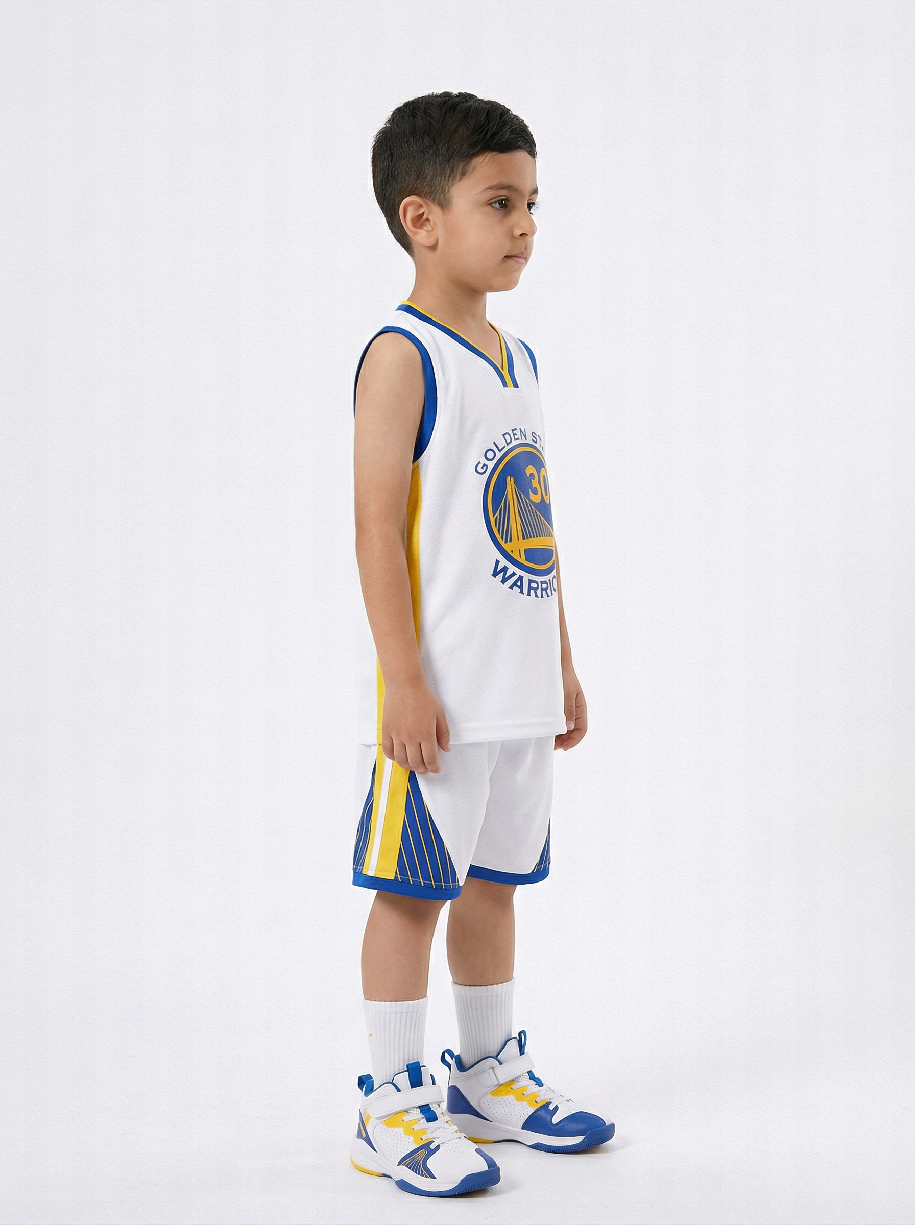 Stephen Curry Golden State Warriors home kids set with socks number 30 back view