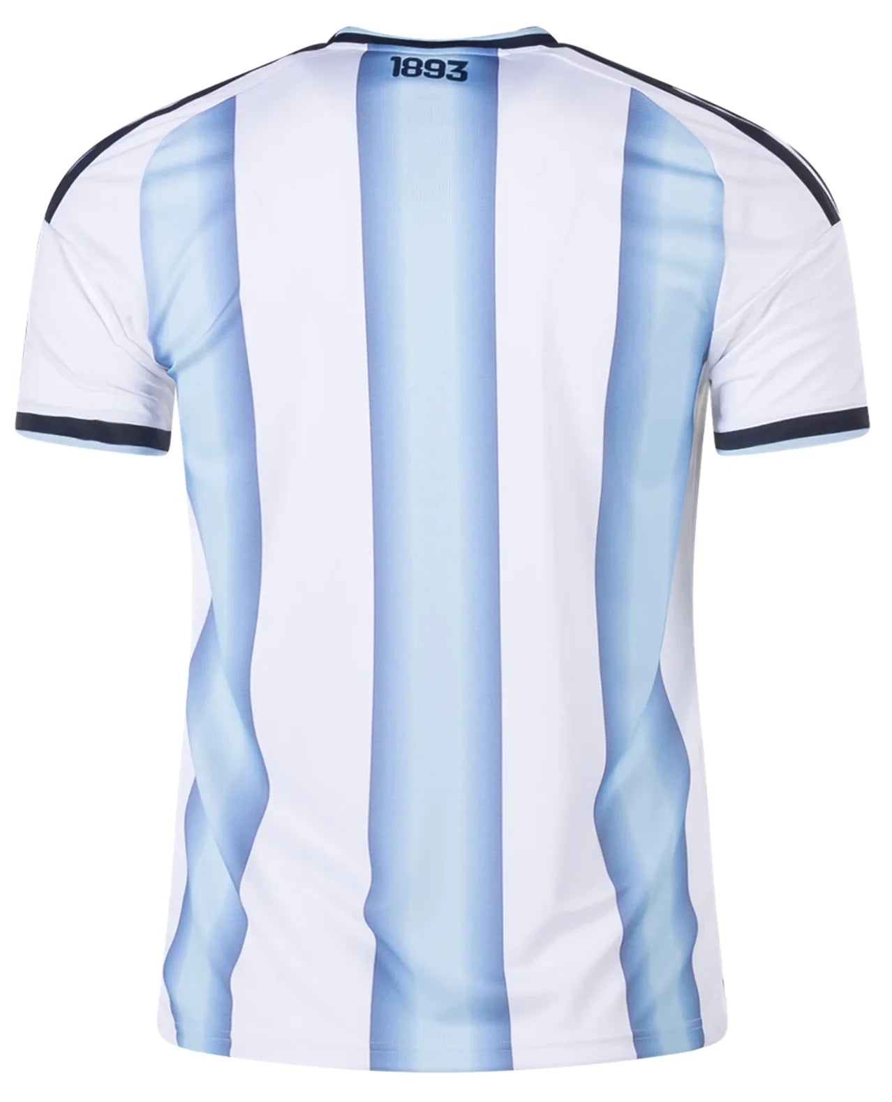 White sports jersey with blue stripes and '1893' logo on a white background