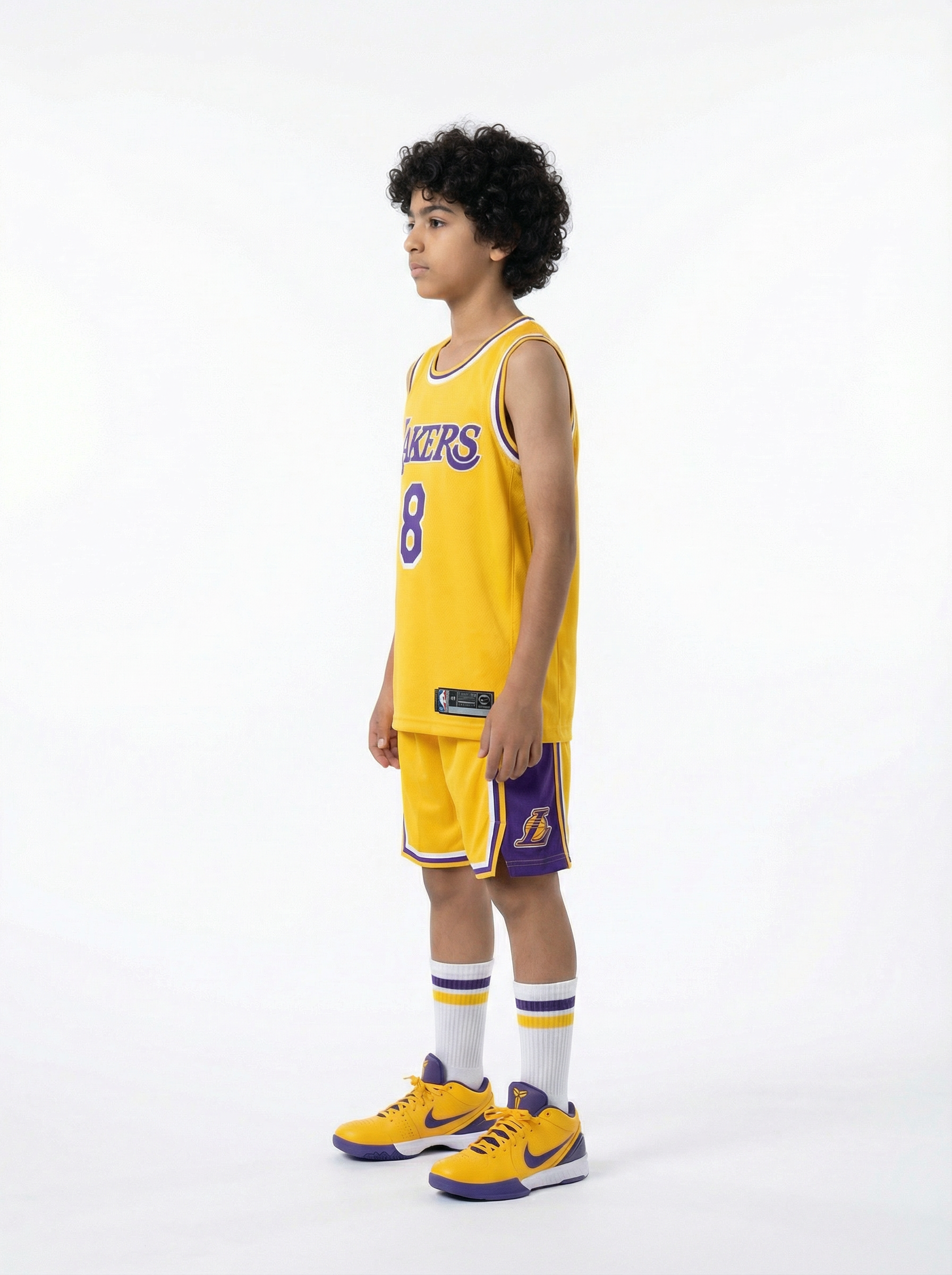 Kobe Bryant Los Angeles Lakers yellow kids set with socks number 8 side view breathable basketball outfit