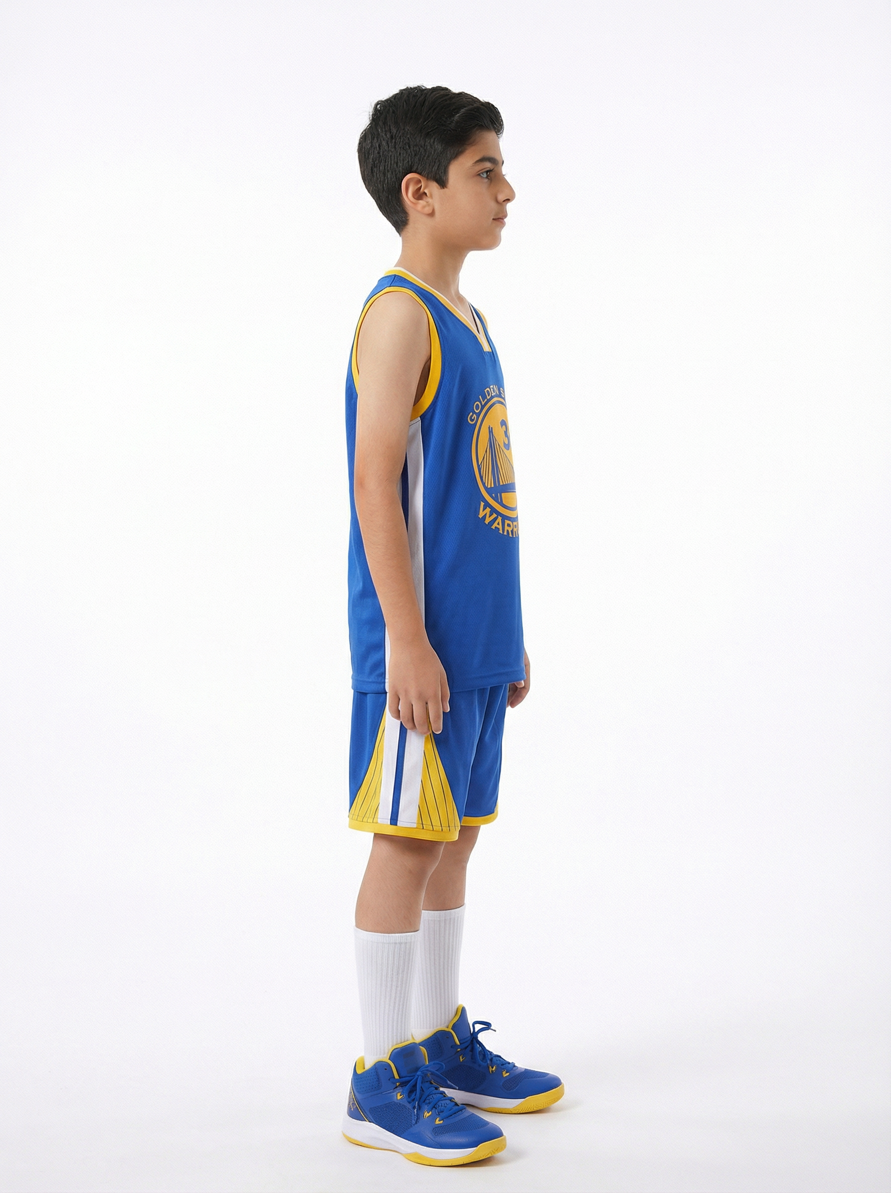 Steph Curry Golden State Warriors blue kids set with socks number 30 side view breathable basketball outfit