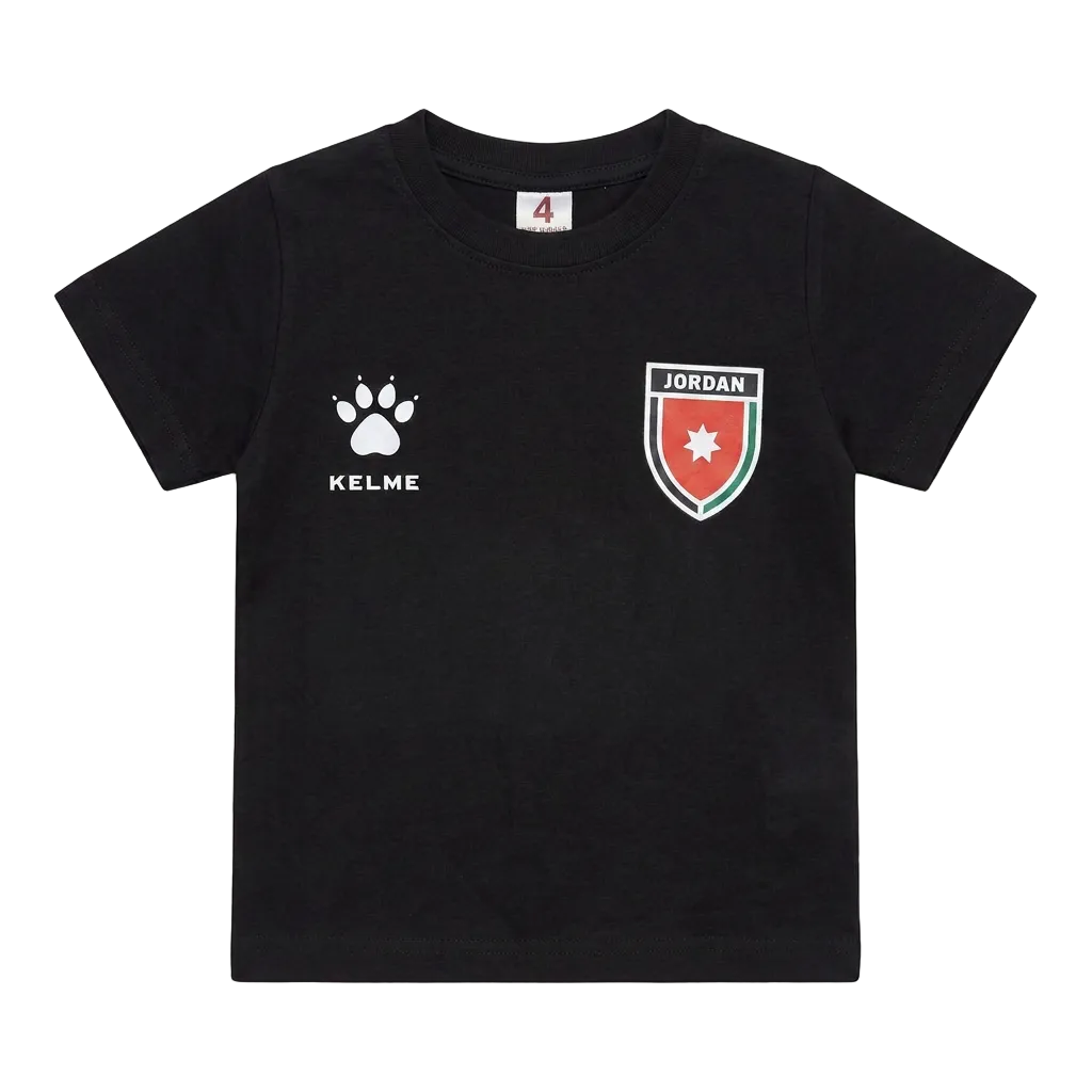 Black t-shirt with Kelme and Jordan logos on a light gray background