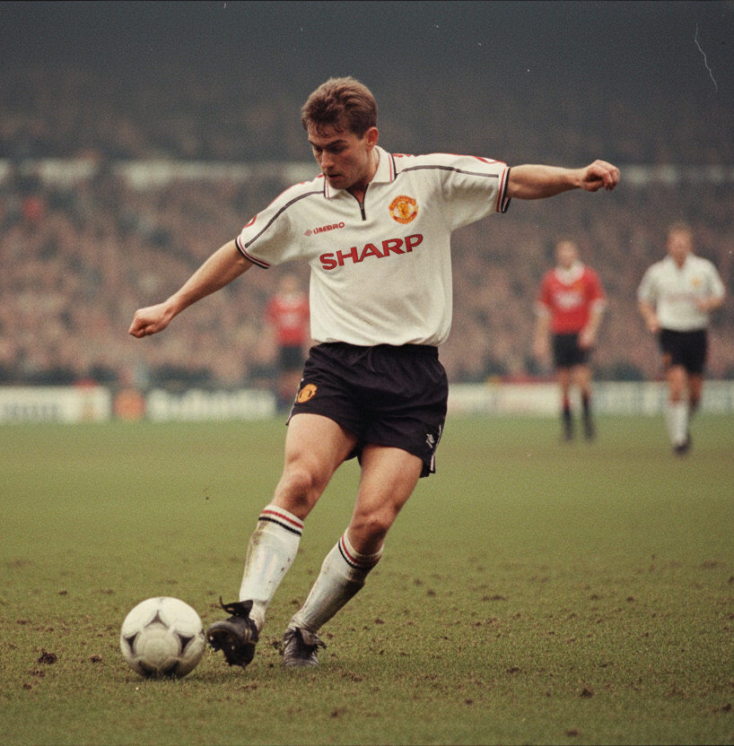 Soccer player in a white Manchester United jersey kicking a ball on a field with spectators in the background.